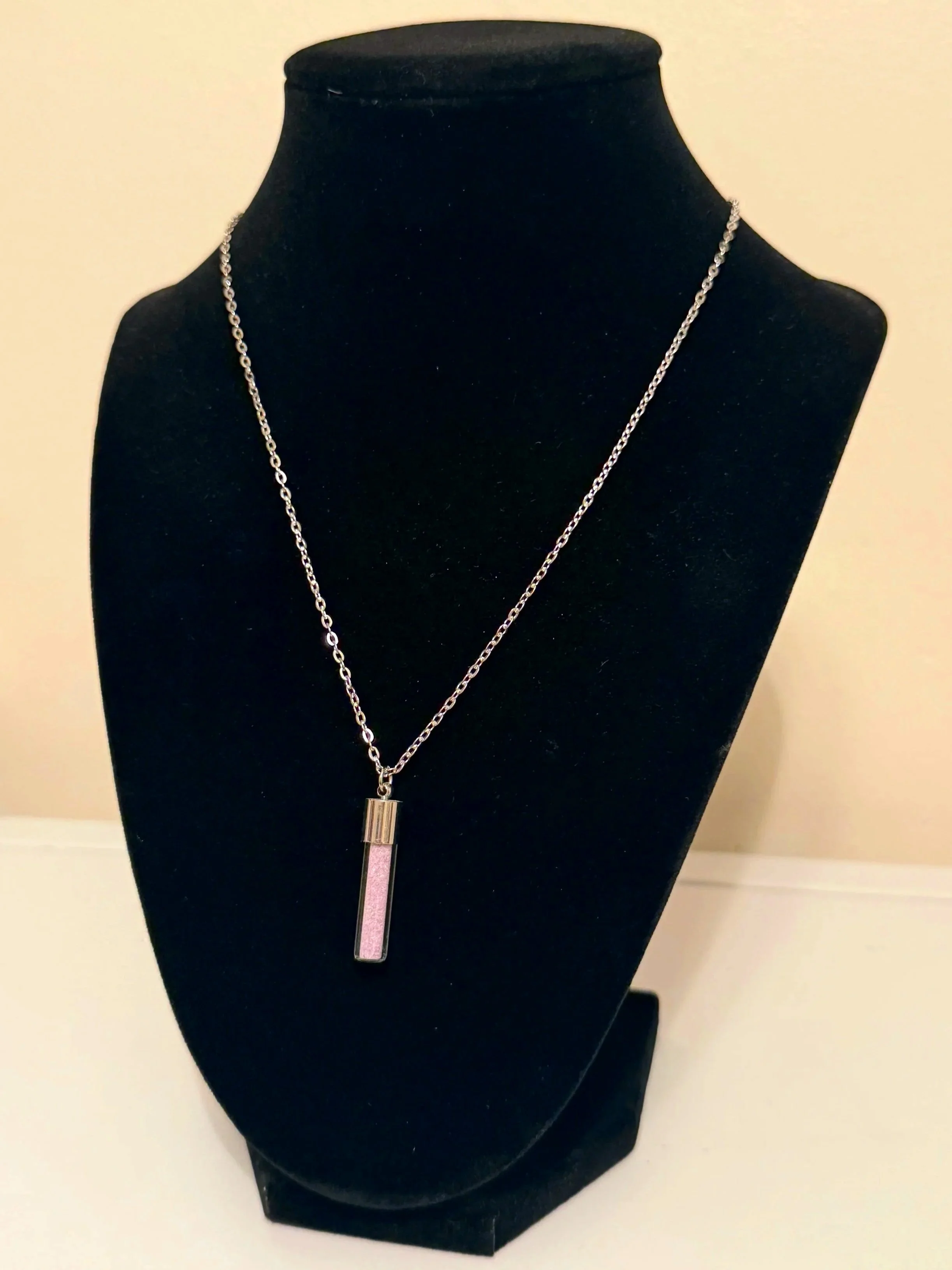 Amethyst Sand Necklace — 1” Glass Jar Pendant, 17” Stainless Steel Chain