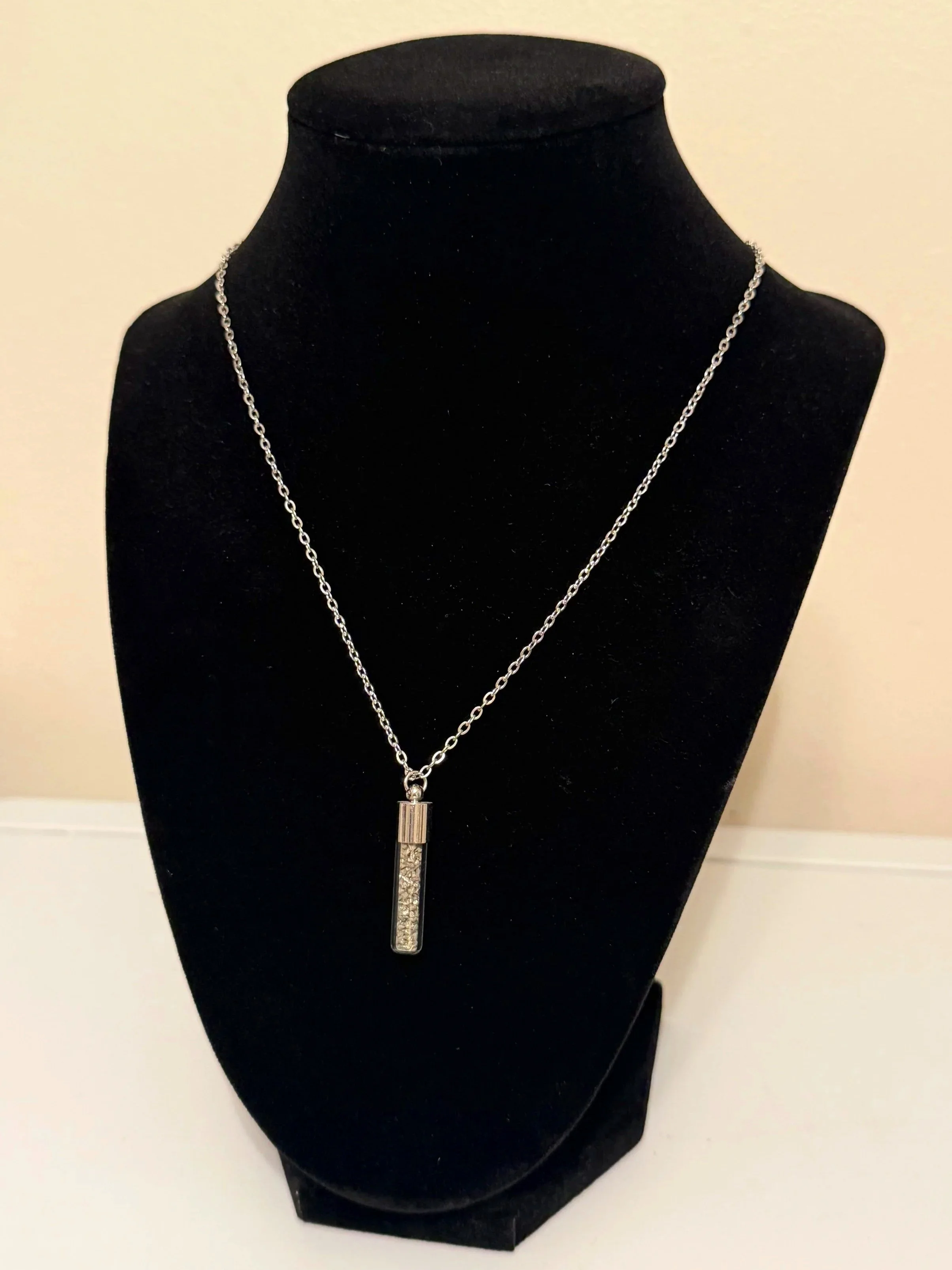 Pyrite Sand Necklace — 1” Glass Jar Pendant, 17” Stainless Steel Chain