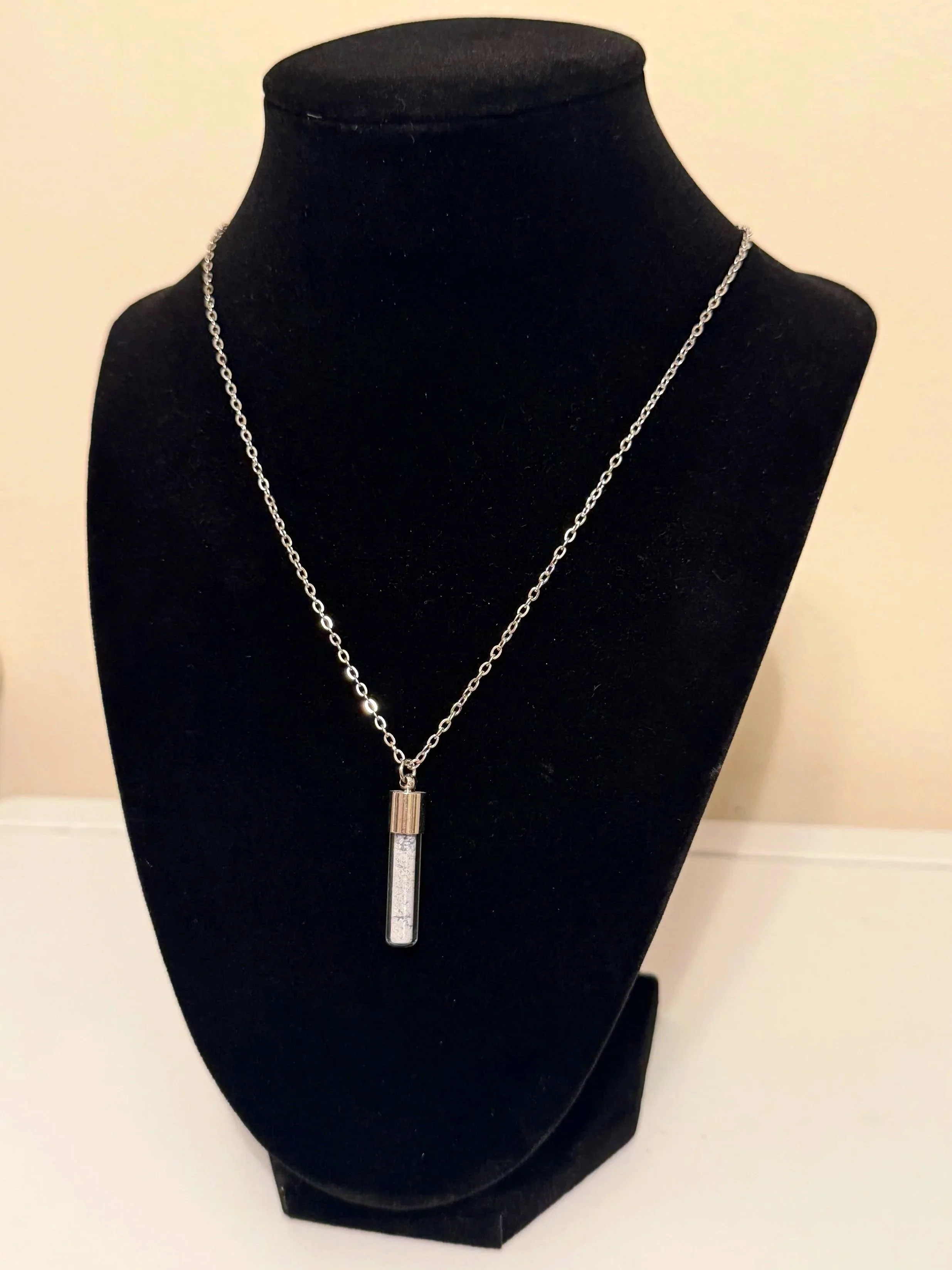 Dumortierite Quartz Sand Necklace — 1” Glass Jar Pendant, 17” Stainless Steel Chain