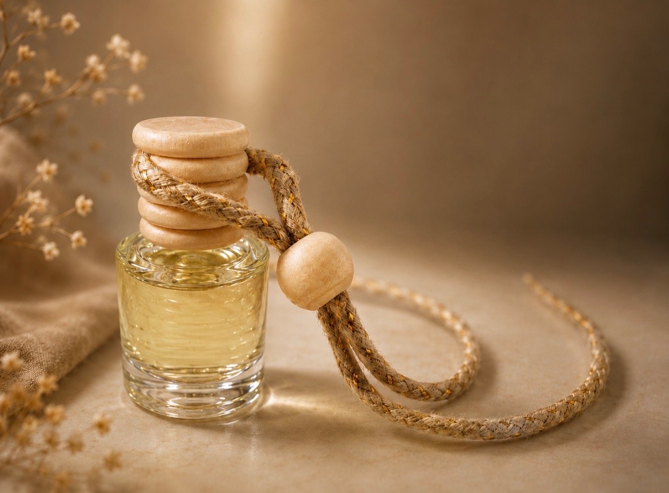 A glass perfume bottle with a wooden and rope cap and a rope loop handle, placed on a beige surface with dried flowers in the background.