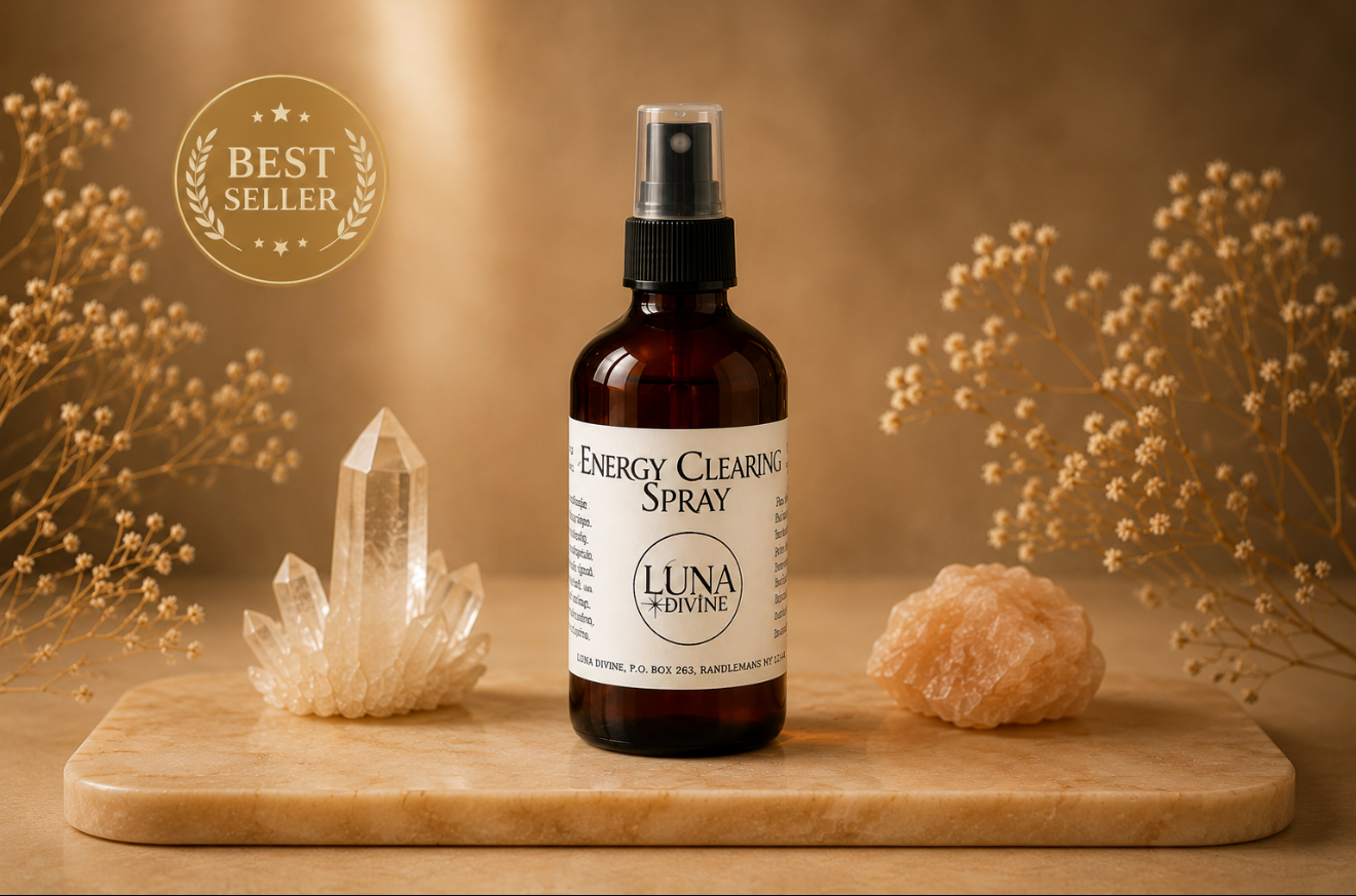 A brown spray bottle labeled 'Energy Clearing Spray' from Luna Divine, placed on a marble surface with decorative crystals, dried flowers, and a rock, with a 'Best Seller' badge in the upper left corner.