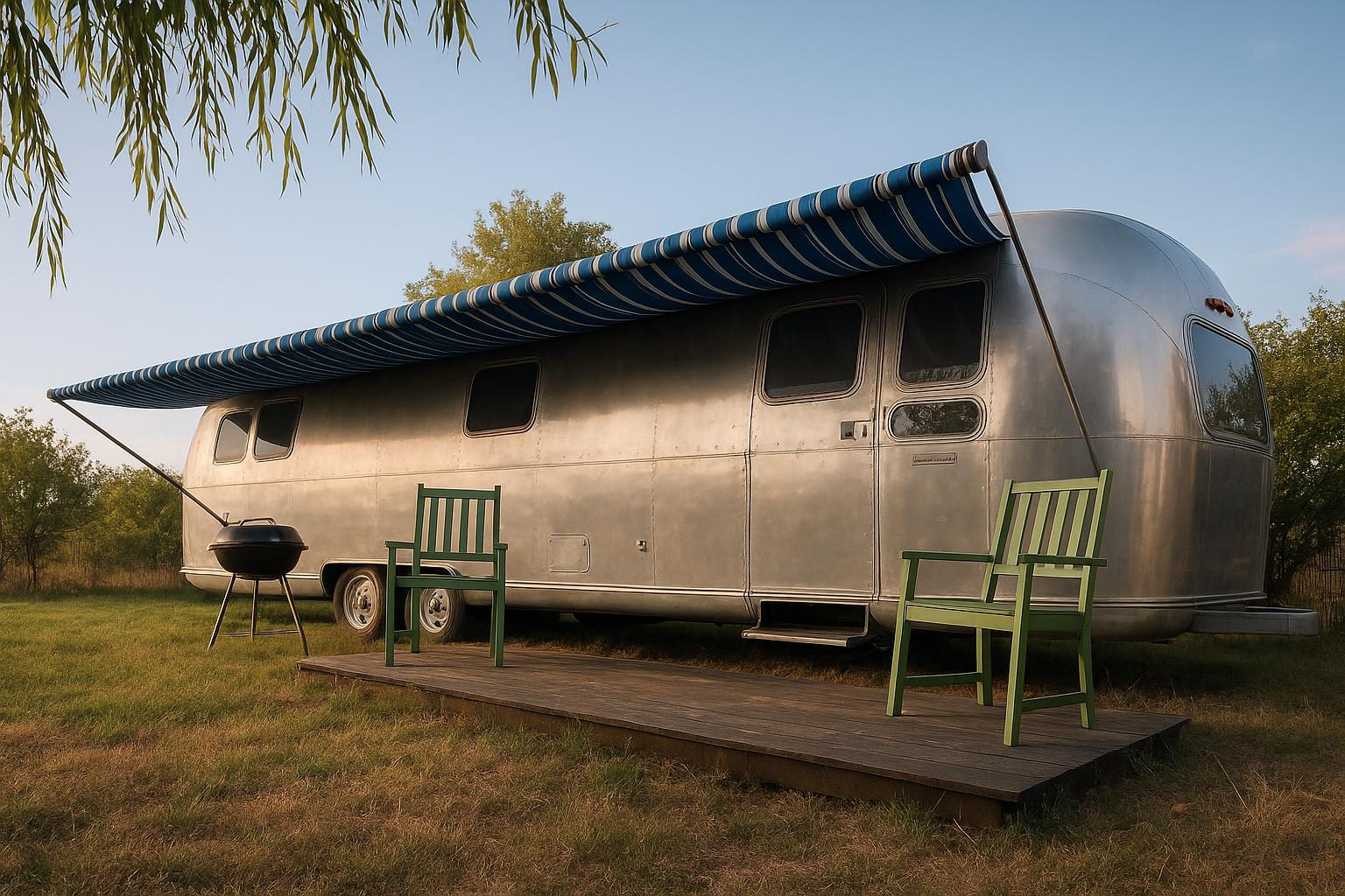 Blue Dream Airstream exterior with striped awning