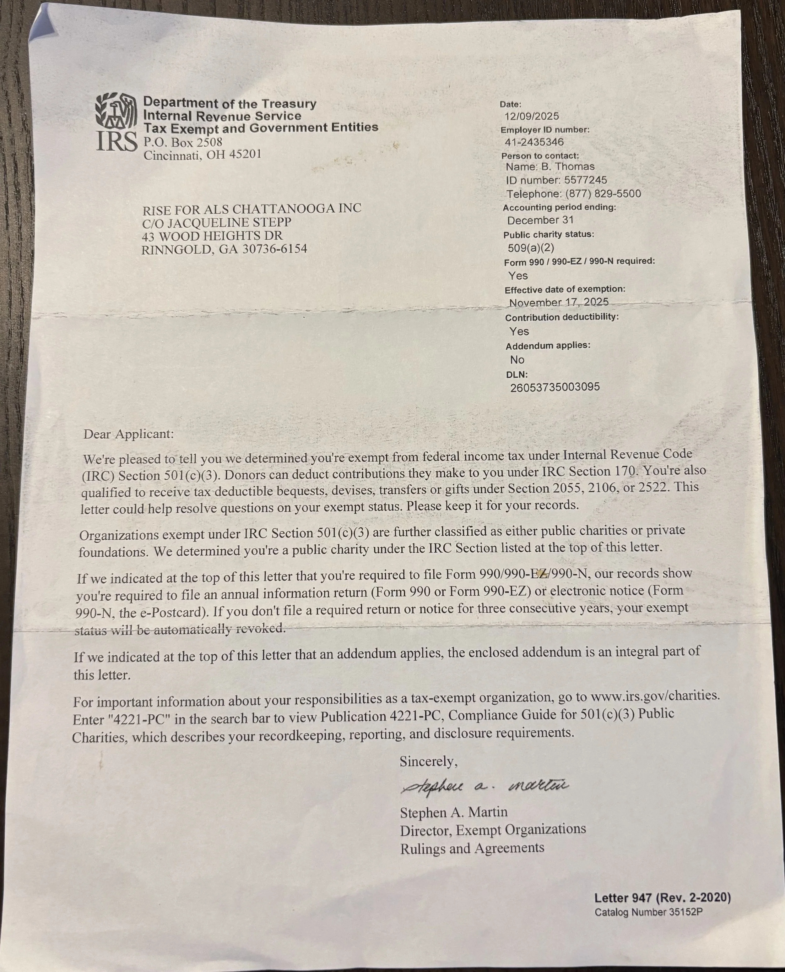 A letter from the IRS addressed to Rise for ALS Chattanooga Inc, regarding tax exemption status, with Stephen A. Martin's signature at the bottom.