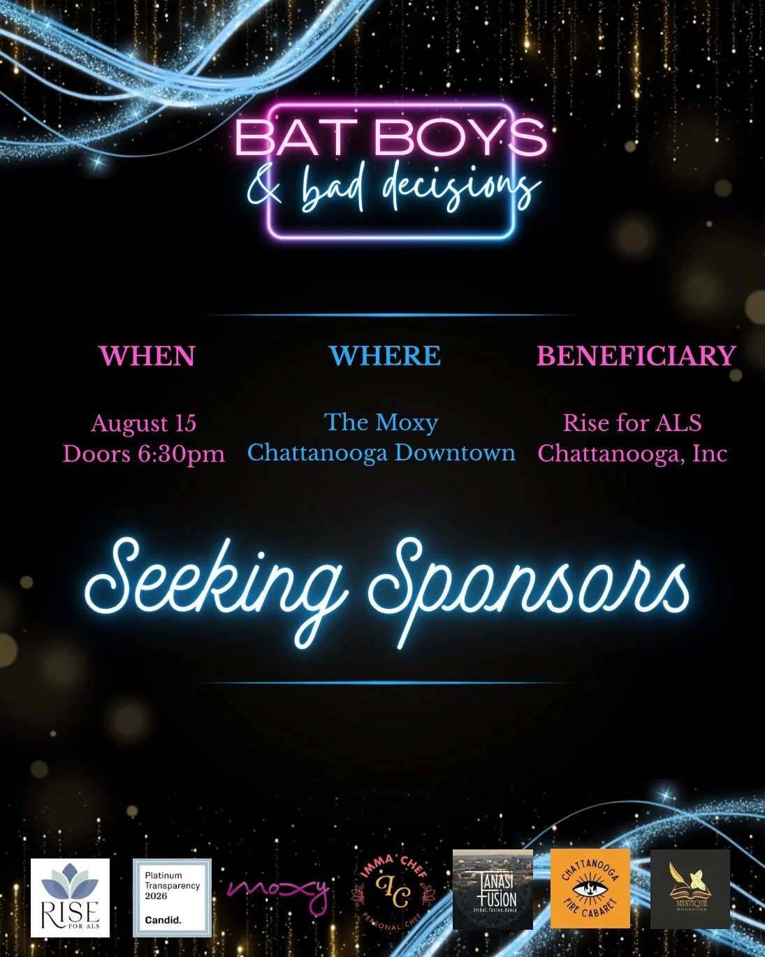 Seeking Sponsorships! Behind the wings, shadows, and bad decisions is something that truly matters; every dollar raised helps local ALS families right here in Chattanooga and North Georgia. 

Join us August 15 at The Moxy Chattanooga for an unforgett
