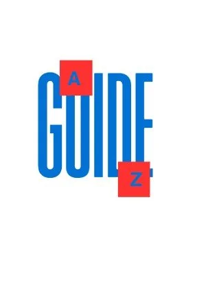 Graphic design with the word 'GUIDE' in blue letters, with red blocks containing the letters 'A' and 'Z' positioned above and below the word.