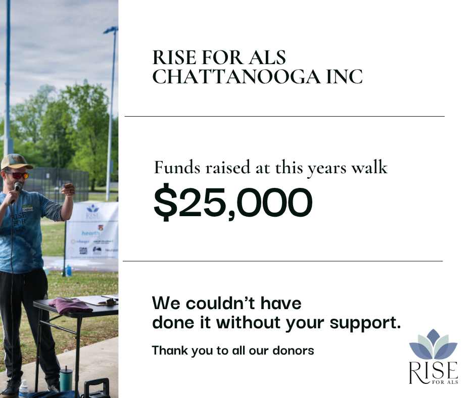 A poster from Rise for ALS Chattanooga Inc showing funds raised at this year's walk as $25,000 and thanking supporters, with a person speaking into a microphone outdoors.