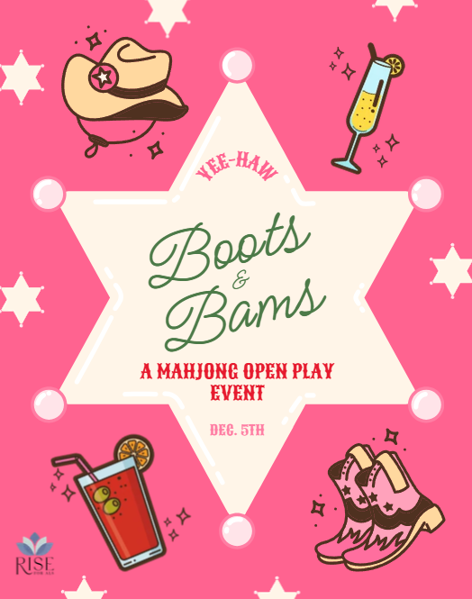 Pink promotional poster for a mahjong open play event called Boots & Bams, featuring illustrations of cowboy boots, cocktails, and stars.