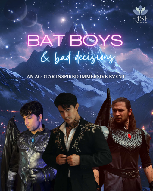 Promotional poster for 'Bat Boys & Bad Decisions' event featuring three men in vampire costumes against a mountainous night sky background with stars and moon, and with the event name in pink and blue text plus a logo in the top right corner.