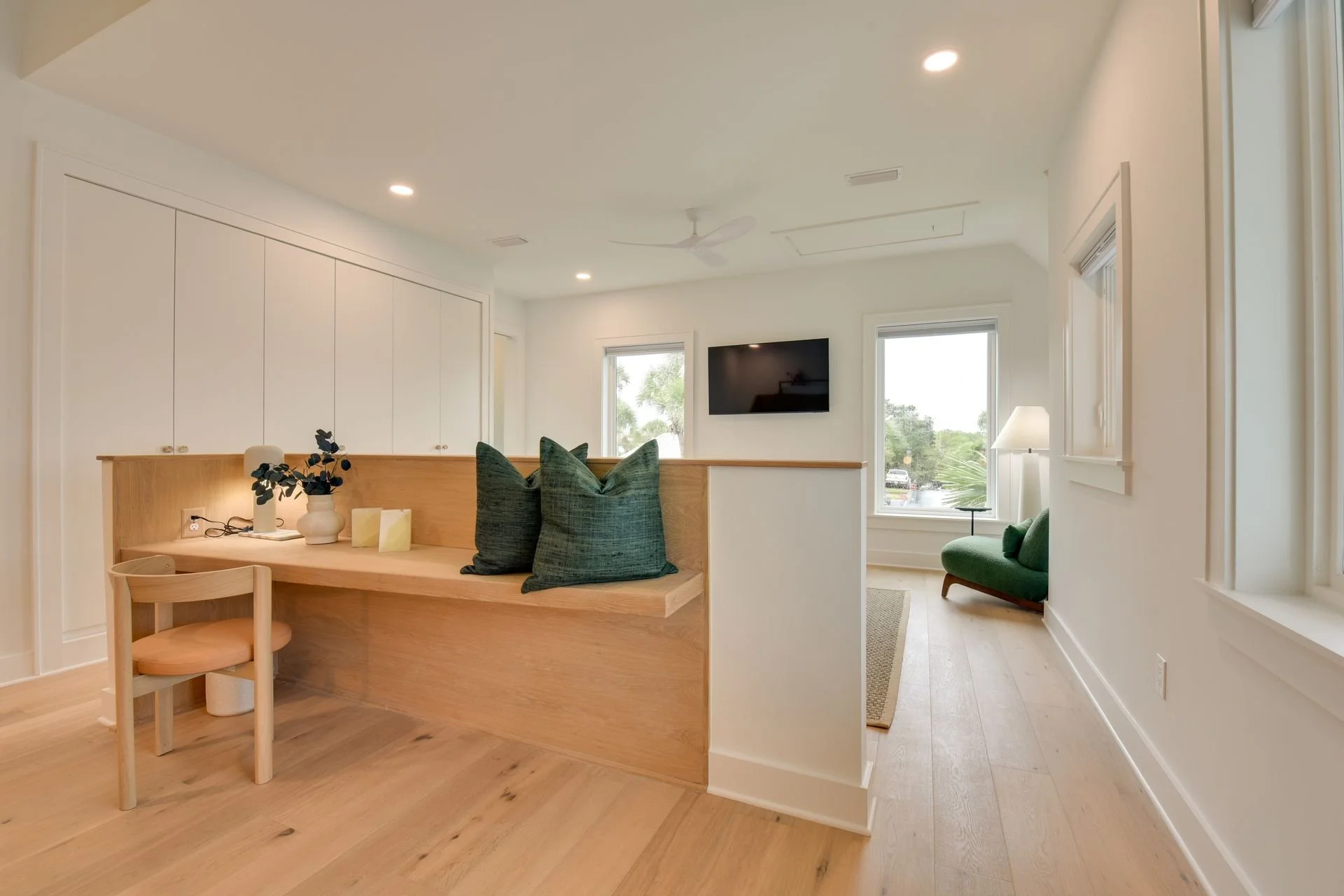 Built-in desk workspace in the family-friendly bedroom, ideal for remote work or study.