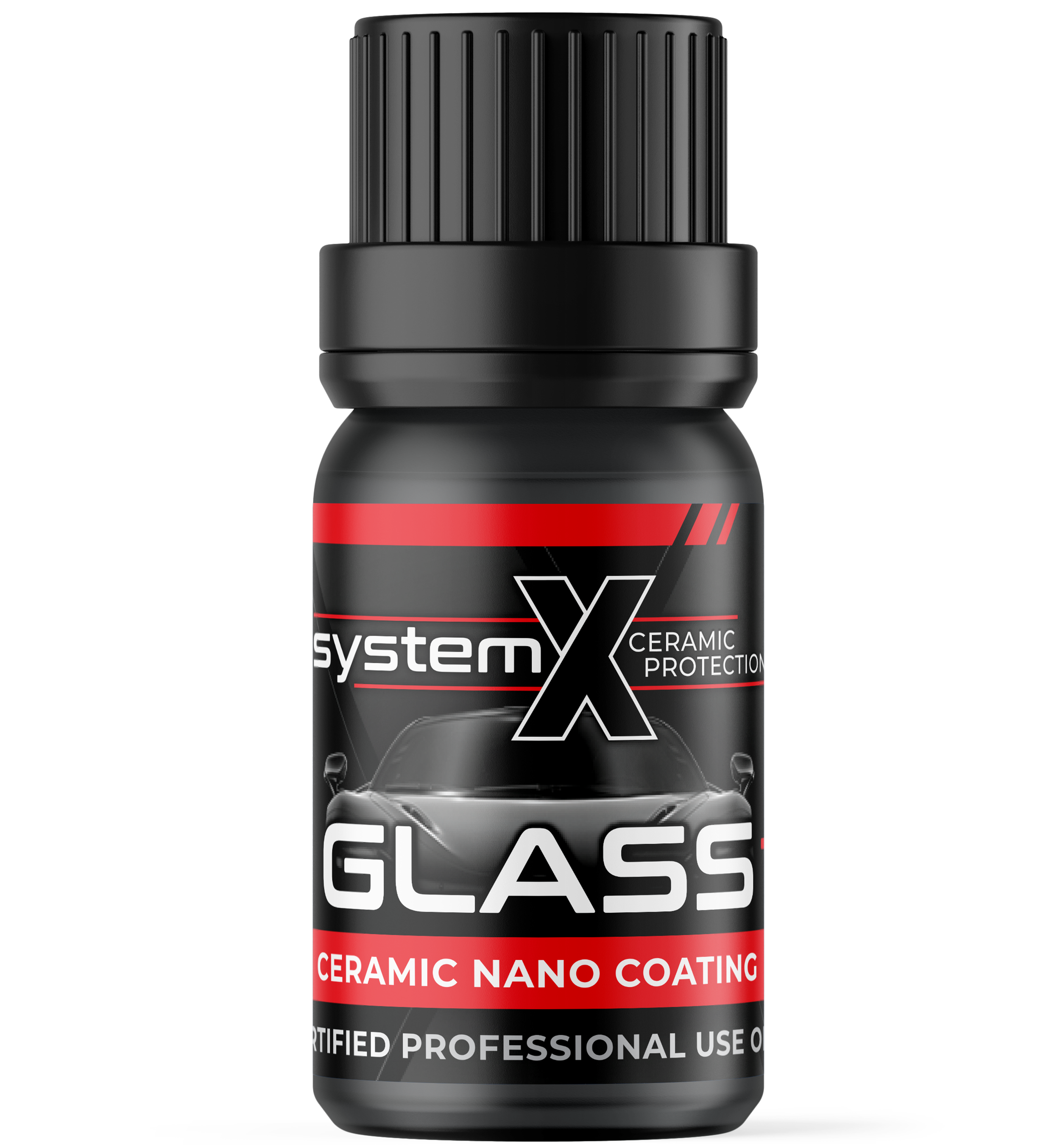 A bottle of System X Glass Ceramic Nano Coating for automotive protection, with a black and red label featuring a car image.
