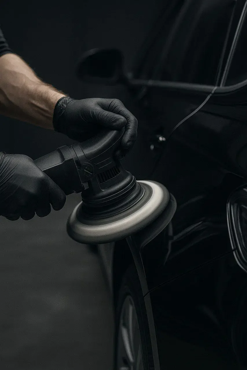A person wearing black gloves is polishing or buffing the black exterior of a car using a handheld polishing machine.
