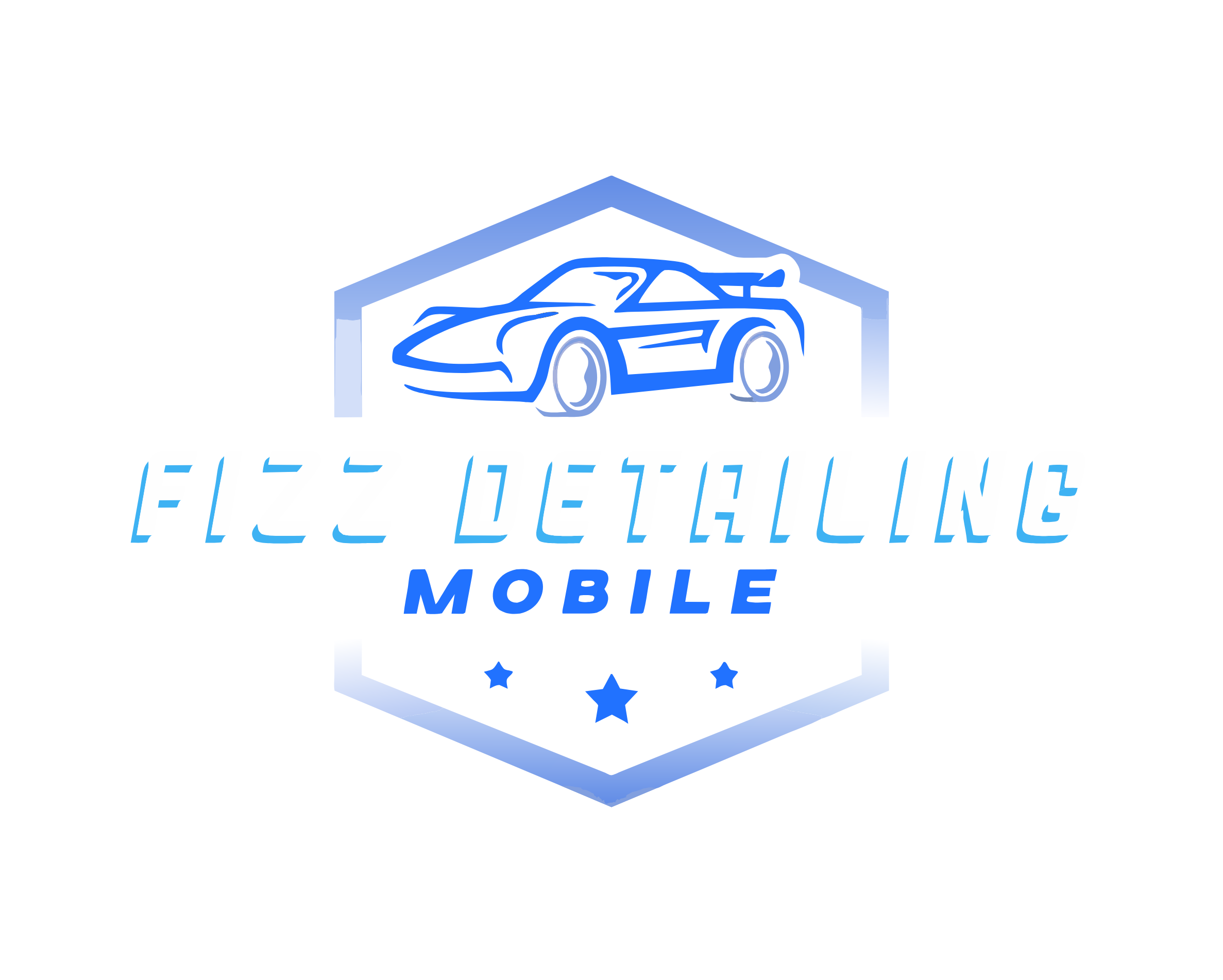 Logo for Fizz Detailing Mobile featuring a blue outline of a sports car inside a shield shape with three stars below and text 'Fizz Detailing Mobile' in stylized font.