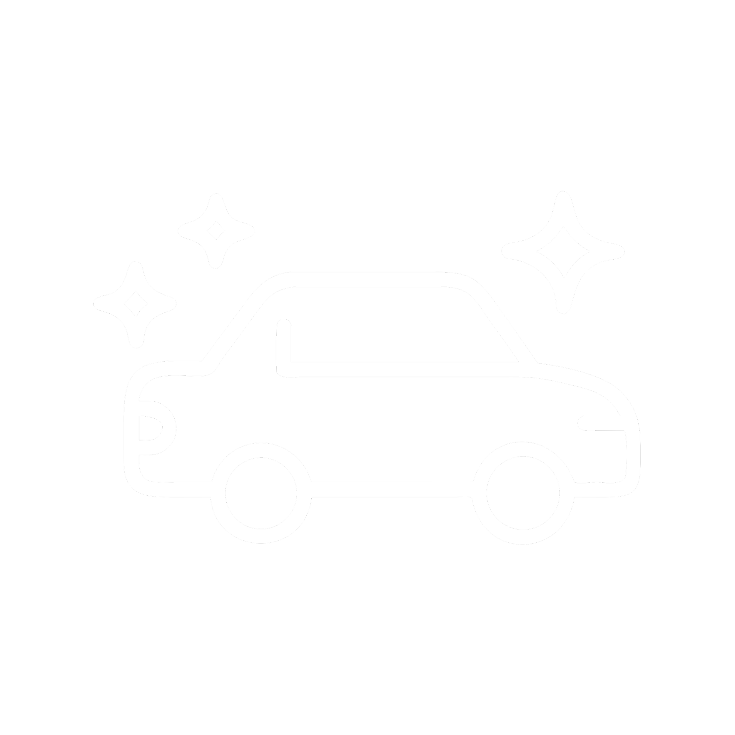 Outline icon of a clean, shiny car with sparkles around it, on a black background.