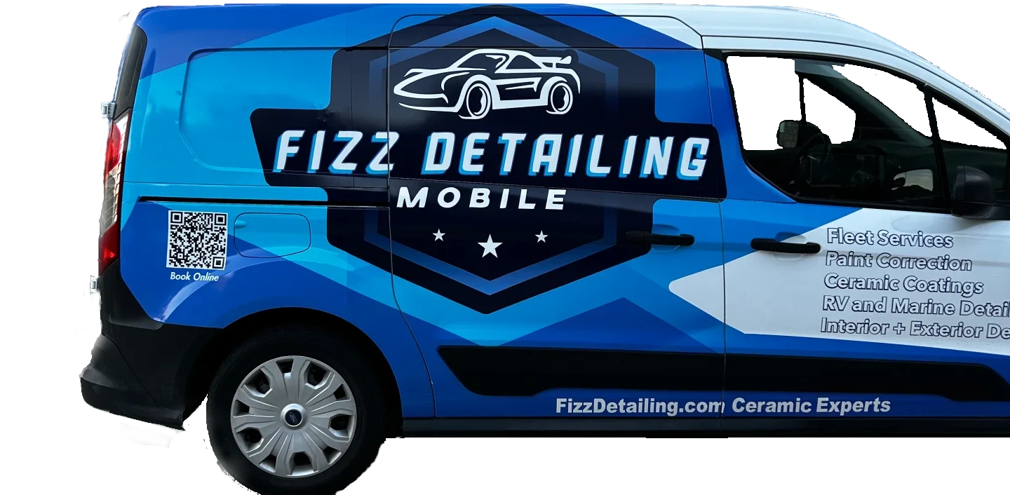 Fizz Mobile Detailing fully equipped work van. Ford Transit mobile unit with onboard water and power providing on-site fleet washing and auto detailing in Huntsville and Madison, AL