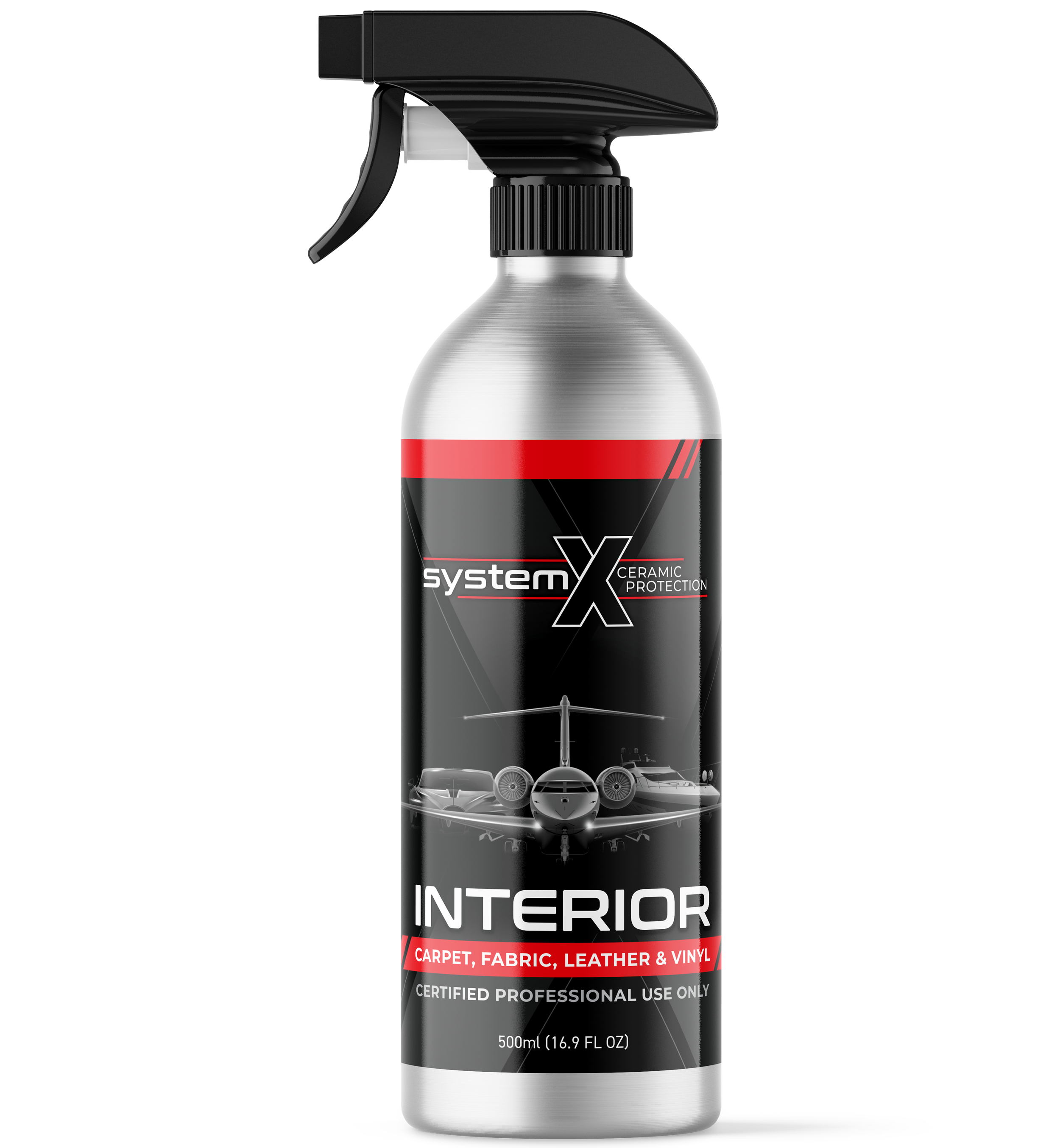 A spray bottle labeled 'System X Ceramic Protection Interior' for cleaning carpets, fabric, leather, and vinyl in vehicles.