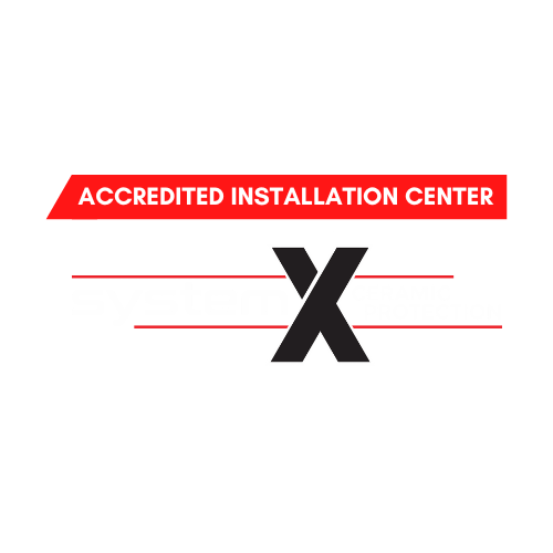Logo for System X Ceramic Protection with red banner stating 'Accredited Installation Center' on a black background.