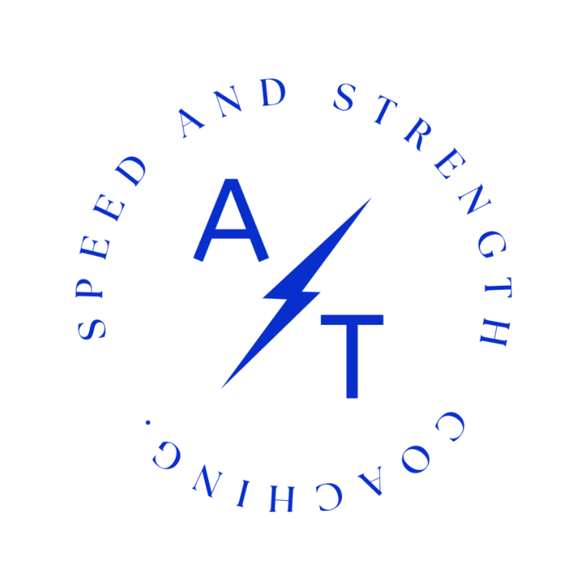 A circular logo with a black background and blue elements, featuring a lightning bolt in the center. The letters A and T are on either side of the lightning bolt. Surrounding the logo are the words "SPEED AND STRENGTH COACHING" in blue, curved along the circle.