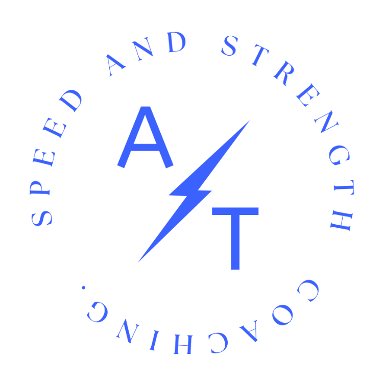 Logo featuring a blue lightning bolt with the letter A on the left and T on the right, surrounded by the text 'AT Speed and Strength Coaching' in a circular arrangement.