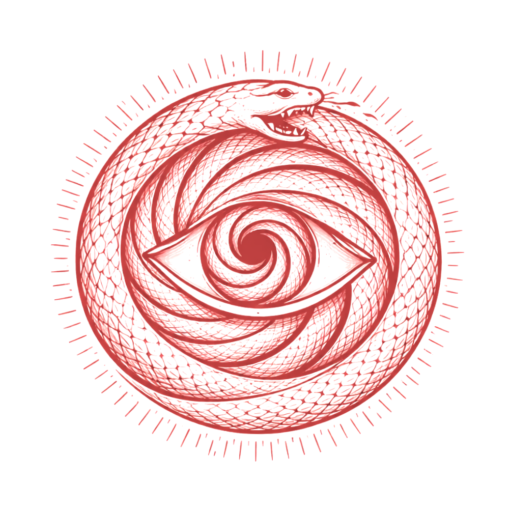 A coiled snake forming a circular pattern with a spiral eye in the center, drawn in red lines with radiating lines around the circle.