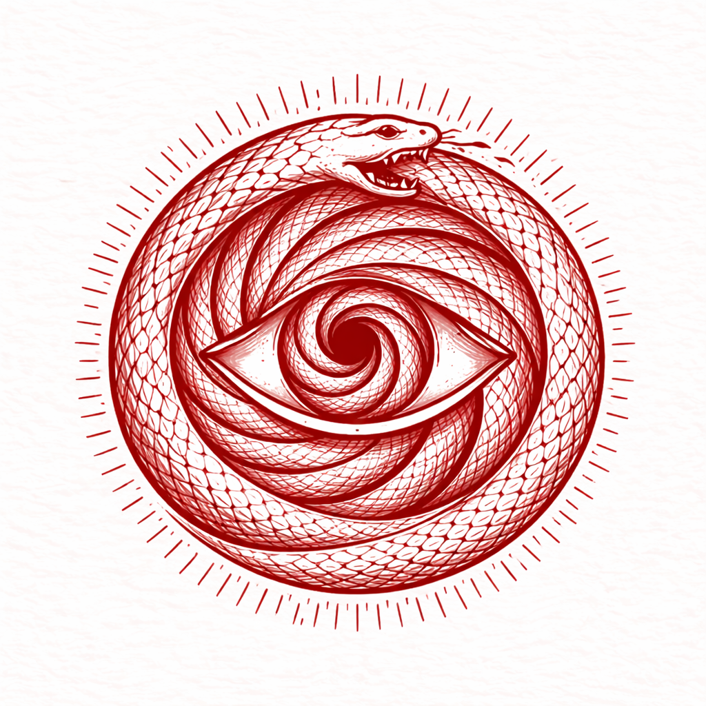 A red and white illustration of a coiled snake forming a spiral around an eye, with snake's head at the top and radiating lines around the circle.