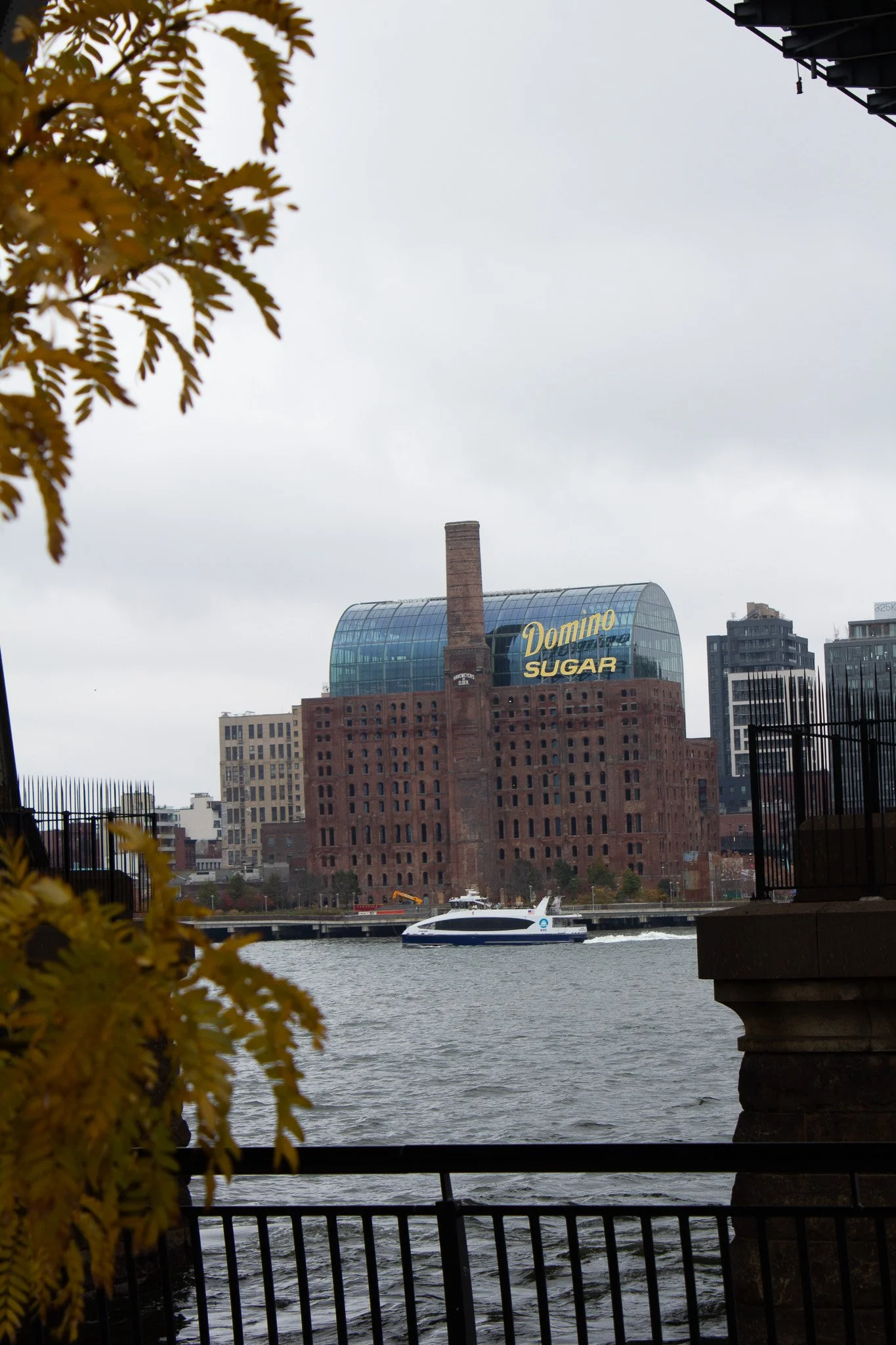 A river scene with a boat, framed by fall yellow leaves and a bridge, with an industrial brick building, a modern glass building with a "Domino Sugar" advertisement, and city skyscrapers in the background.
