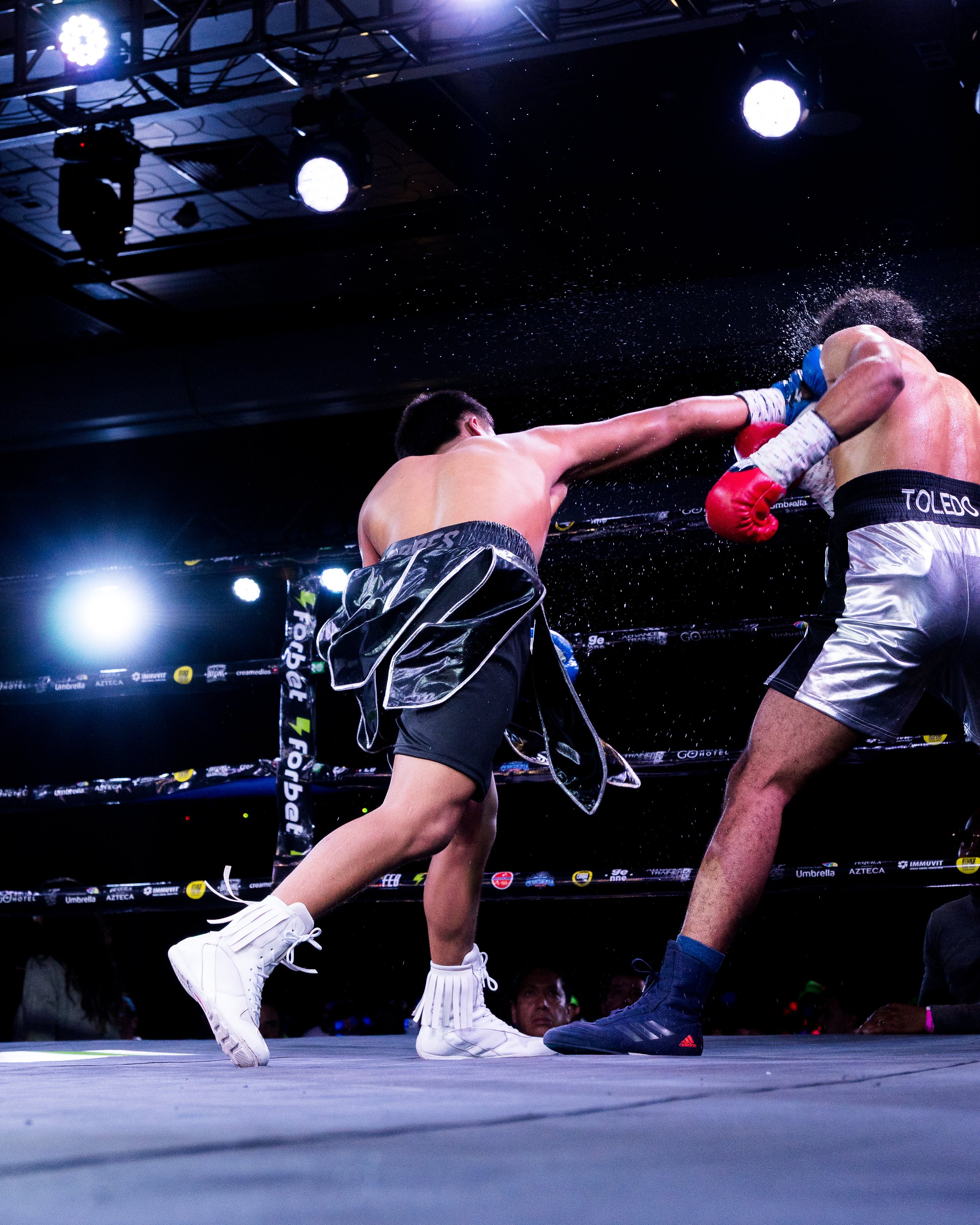 Two boxers in a match, one delivering a punch to the other. The scene is in a boxing ring with bright overhead lights and a dark background.