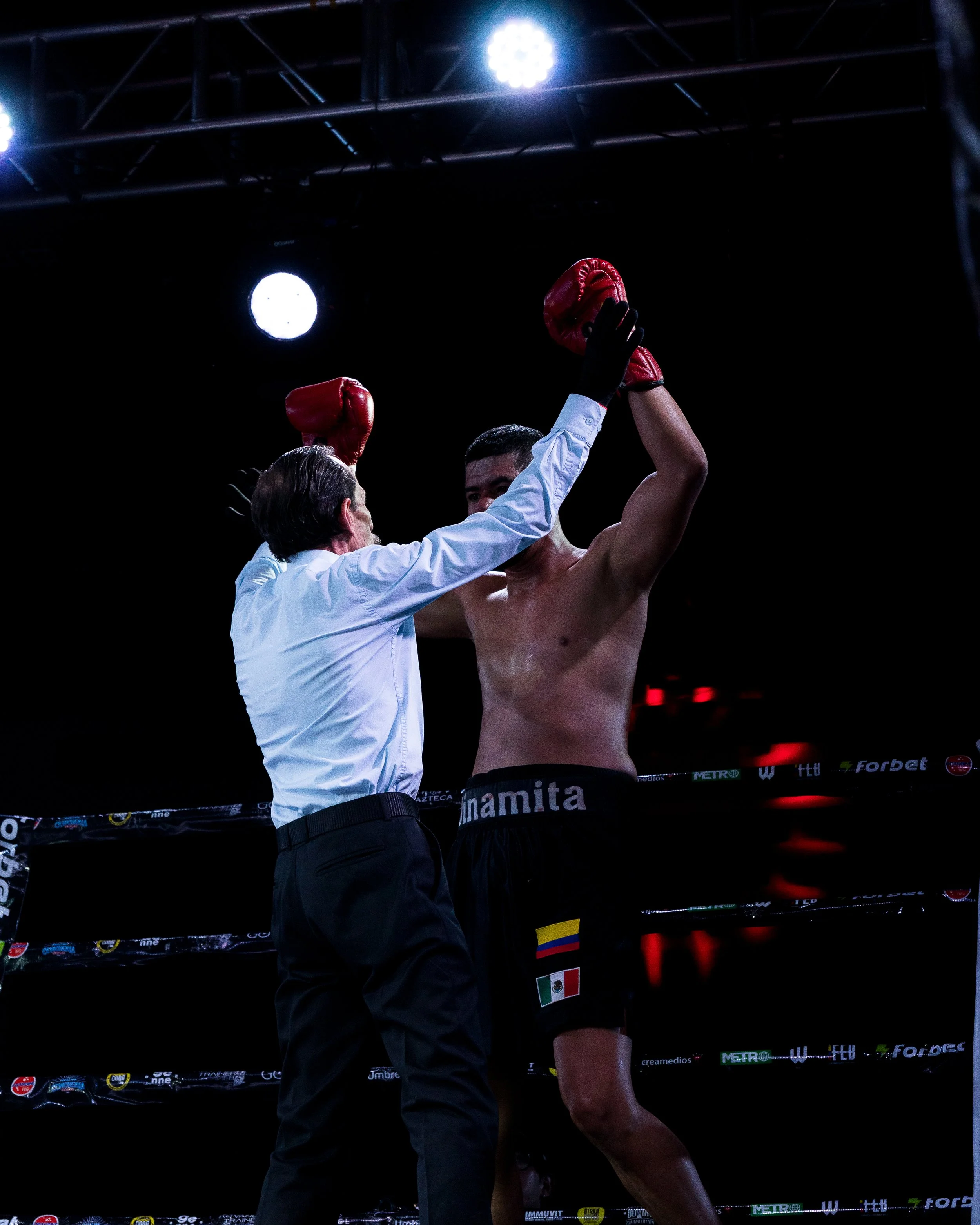A boxer and a referee in a boxing ring, with the boxer raising his glove in victory and the referee congratulating him, under bright lights.