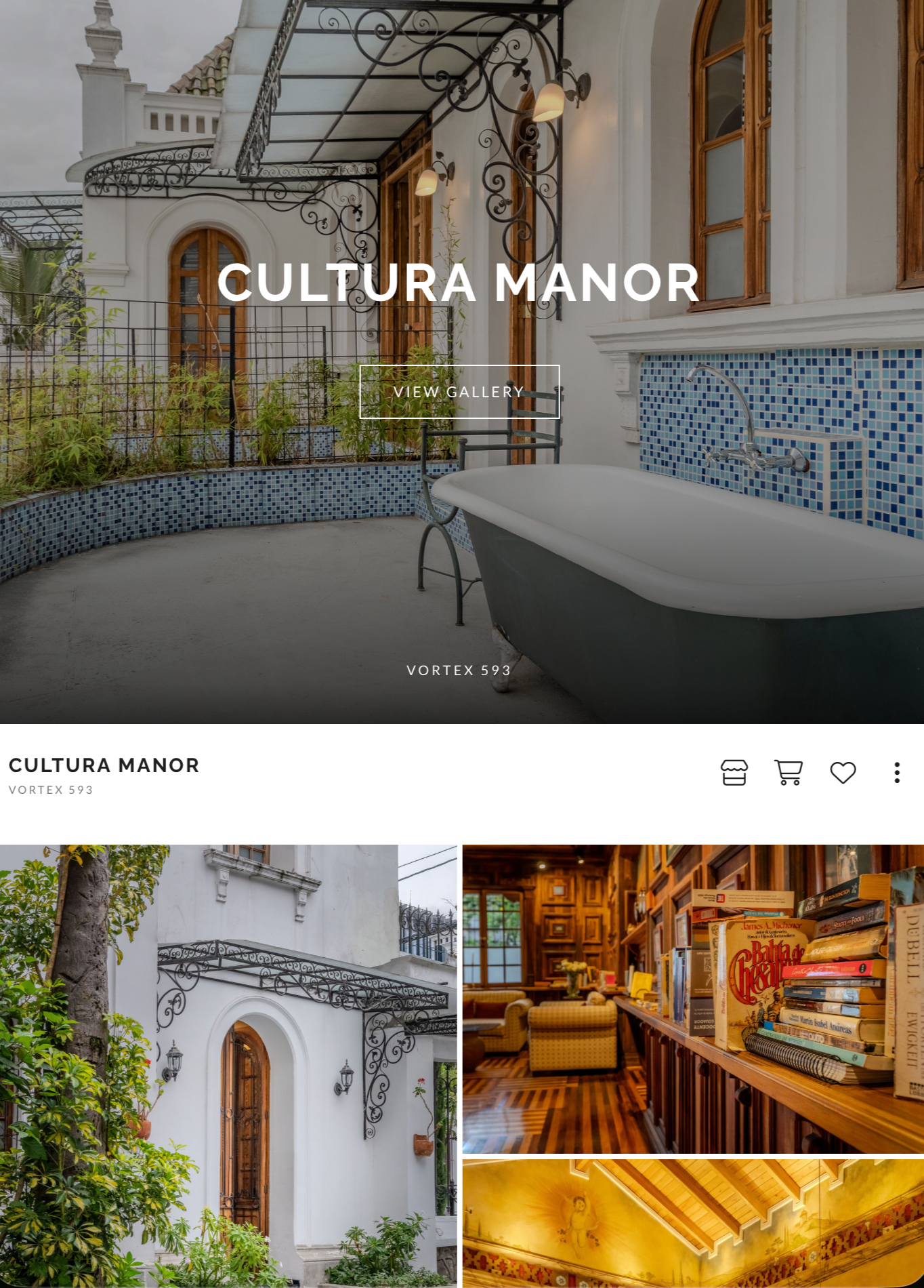 A collage of images showcasing Cultura Manor, featuring a white colonial-style building with ornate ironwork, an outdoor area with a bathtub and tiled wall, and a cozy interior space with books and wooden furniture.