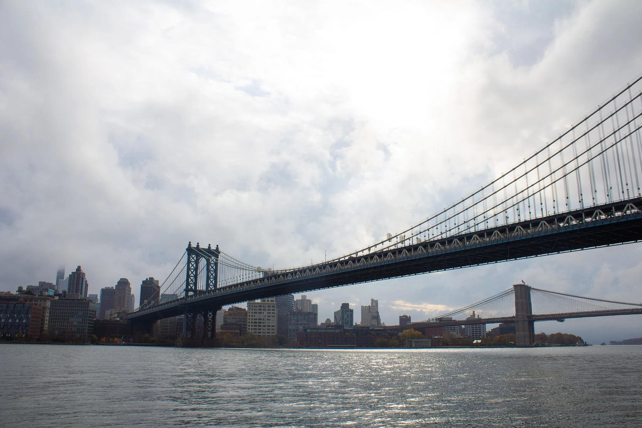View of a city skyline with two large suspension bridges over a river, under a partly cloudy sky.