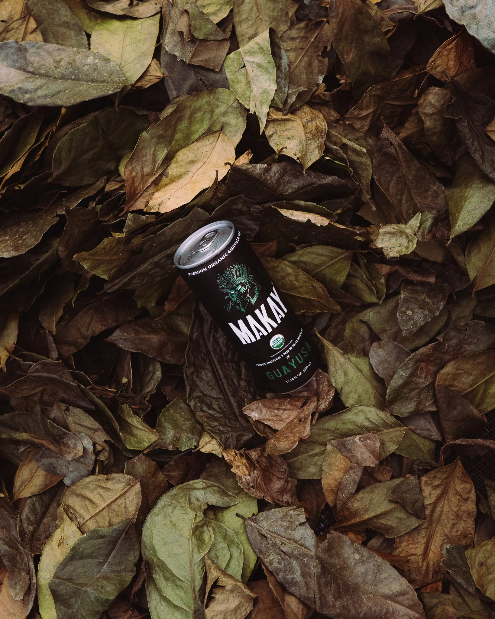 A pile of dry, crumpled leaves in shades of brown, yellow, and green, with a black can of Guayusa organic energy drink placed among them.