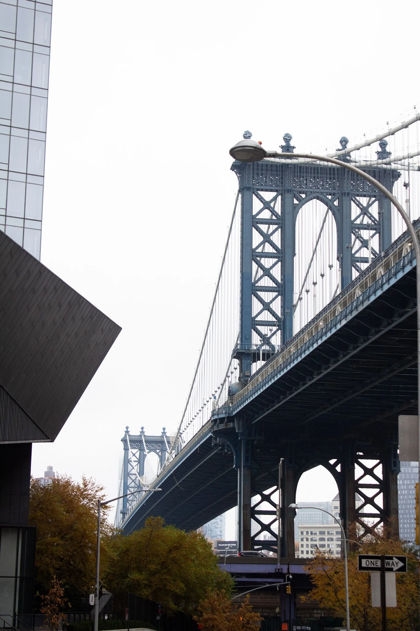 View of the Manhattan Bridge in New York City with trees in the foreground, an urban setting, and a one-way street sign.