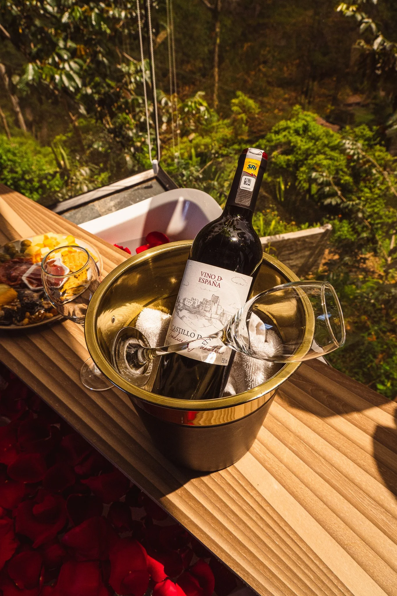 A bottle of red wine in a metal ice bucket with empty wine glasses, a wooden table, and a cheese platter with grapes and sliced bread, set outdoors at night with trees in the background.