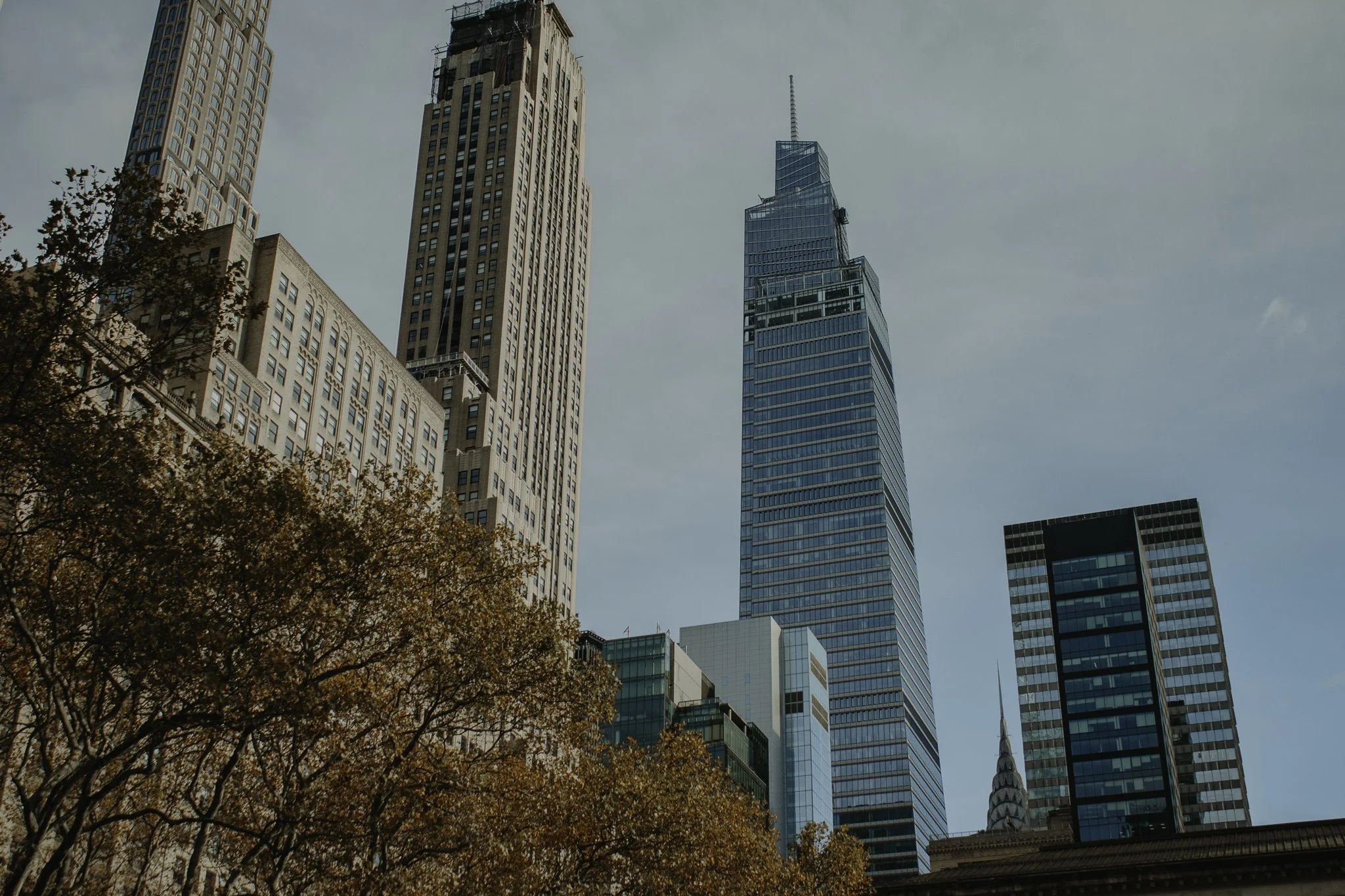 Cityscape with tall skyscrapers and trees with autumn leaves in the foreground under a partly cloudy sky.