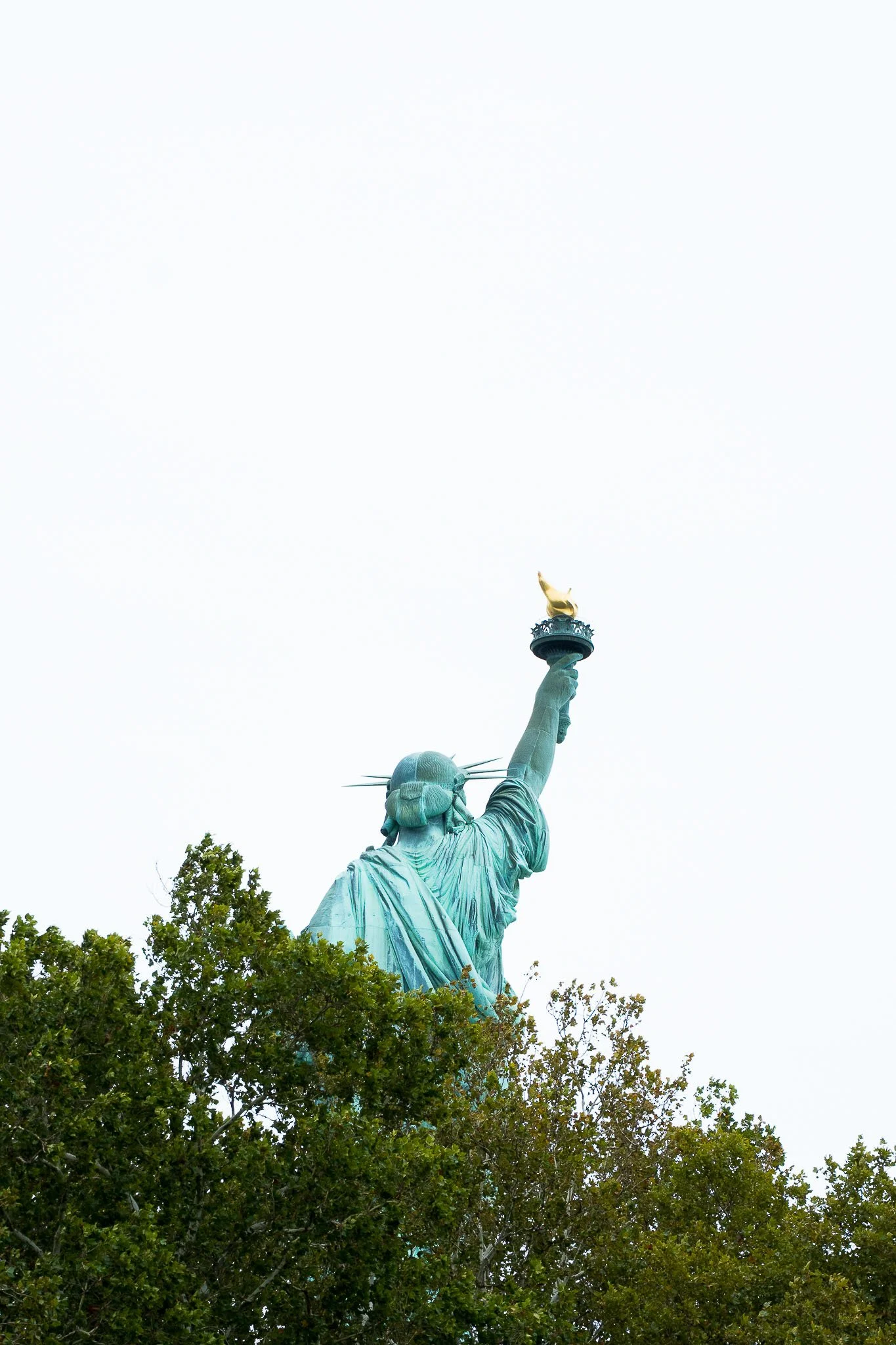 The Statue of Liberty, an iconic American symbol, viewed from below, with the torch held high against a pale sky, partially obscured by trees.