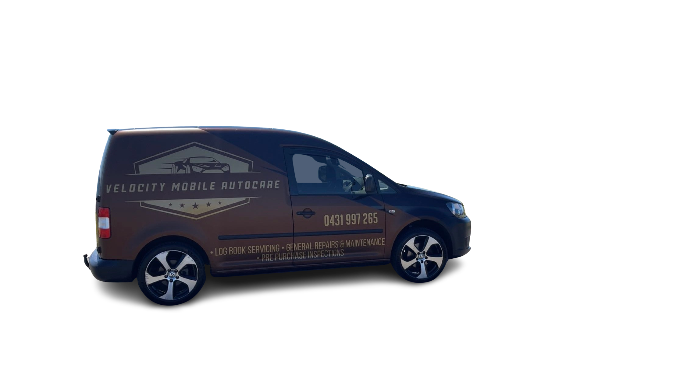 Black van with company logo and contact information, company name 'Velocity Mobile Autocare,' phone number, and services listed on the side.