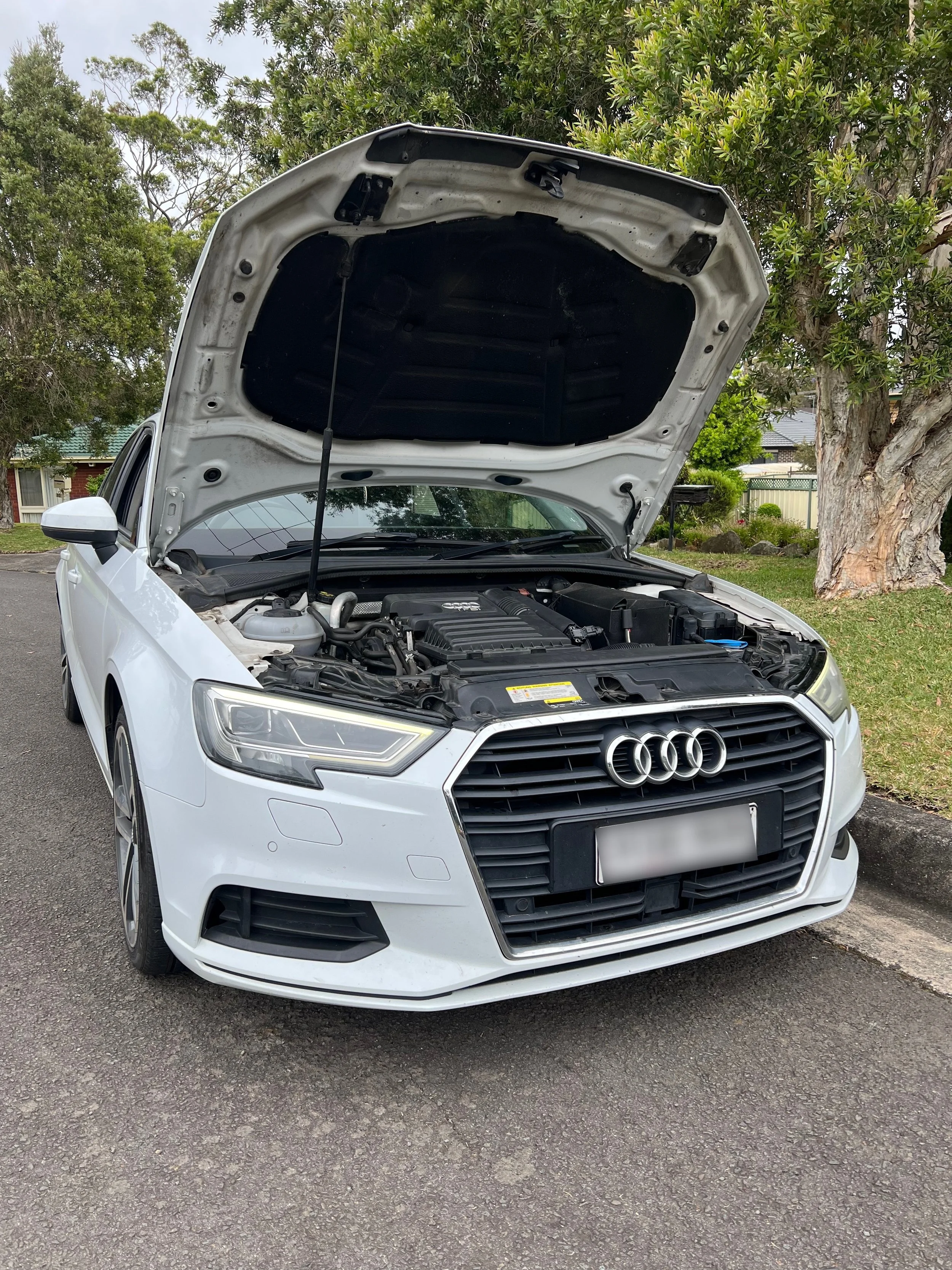 White Audi sedan with its hood open, parked on a residential street with trees and houses in the background.