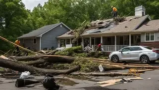 Fallen tree on a residential street with damage to houses, a worker on the roof, and a car parked nearby.