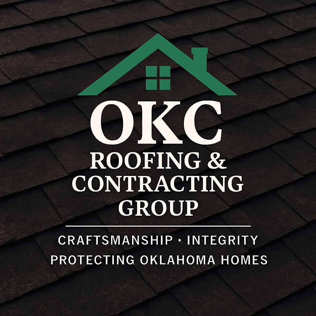 Logo for OKC Roofing & Contracting Group with a house roof icon and slogan about craftsmanship, integrity, and protecting Oklahoma homes, set against a shingled roof background.