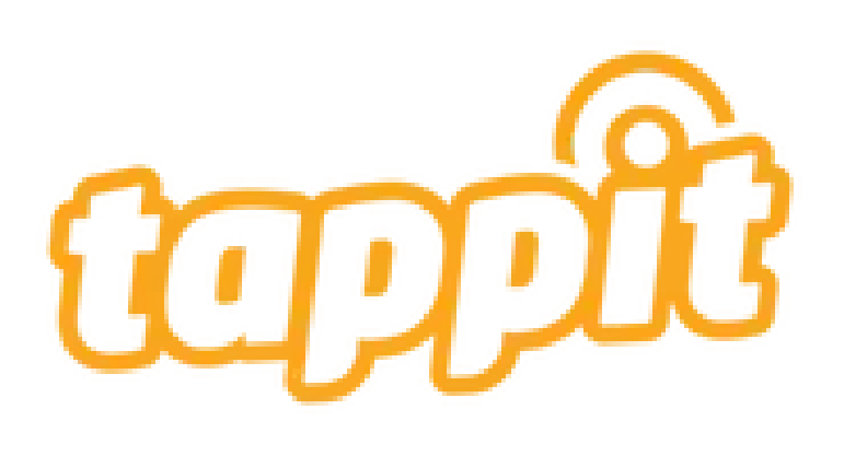Pixelated graphic of the word 'tappit' in black text outlined in yellow with a small handle attached at the top right, resembling a keychain or bag tag, on a black background.