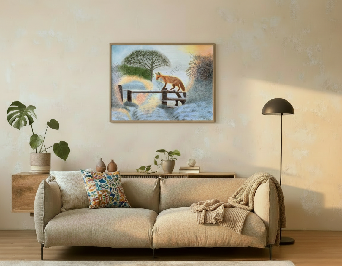 A living room with a beige sofa, colorful pillow, blanket, and modern black floor lamp, with a painting of a fox in a winter forest.