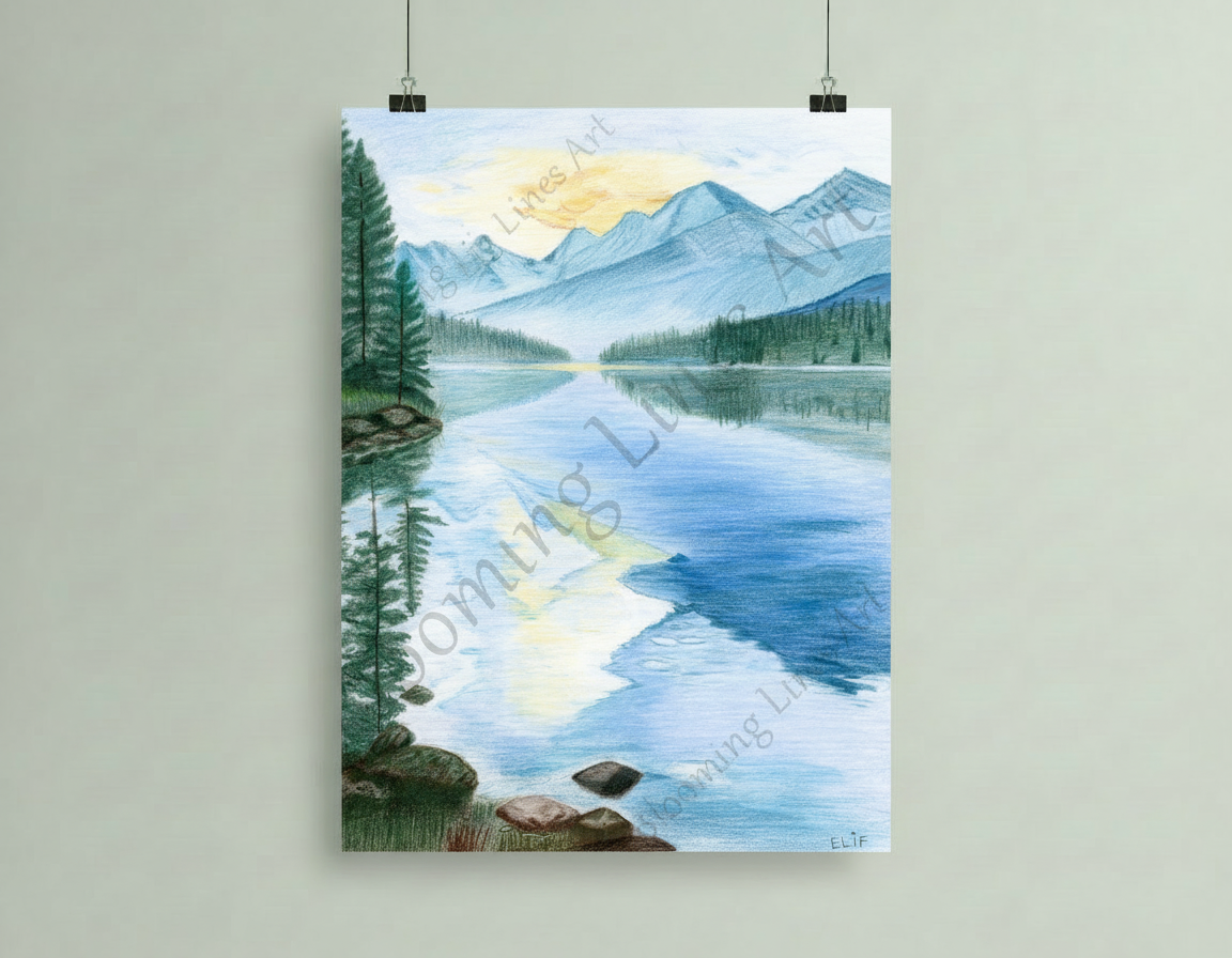 A colored pencil drawing of a mountain and forest landscape reflected in a calm lake at sunset or sunrise.