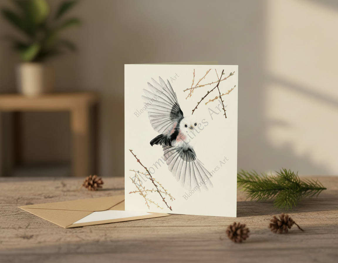 A greeting card with a colored pencil illustration of a bird, branches, and a cream envelope on a wooden table with pinecones and green foliage.
