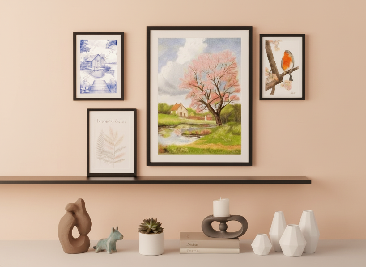 A wall display featuring five framed art pieces above a shelf with decorative items. The art includes a blue monochrome landscape, a pink-blossomed tree scene, a botanical print, and two smaller pieces of a bird on a branch and abstract art. On the shelf are a ceramic sculpture, a small cat figurine, a succulent plant, a candle with a holder, two stacked books, and several white geometric vases.