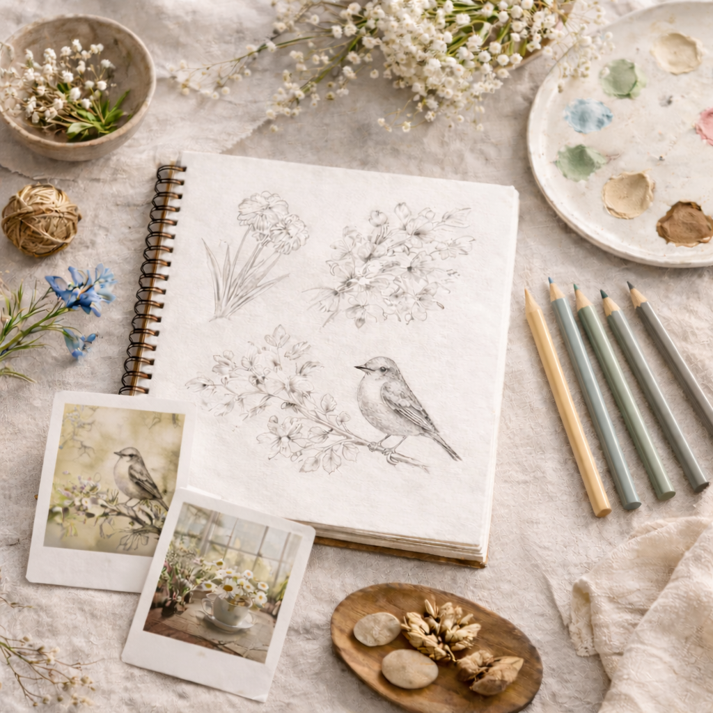 A sketchbook with pencil drawings of flowers and a bird on a table surrounded by flowers, colored pencils, polaroid photos, a paint palette, and small decorative stones.