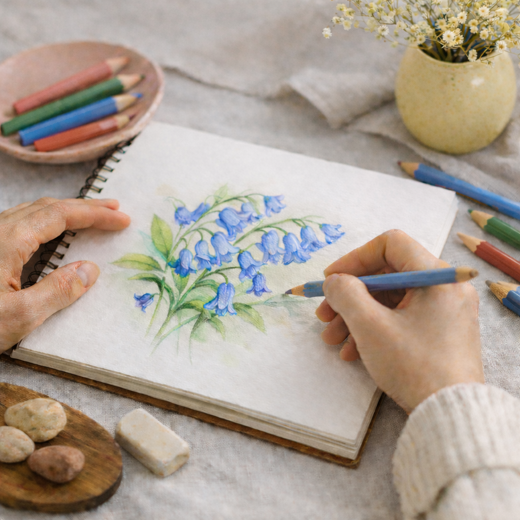 Person drawing and coloring a watercolor painting of a blue flower sprig in a sketchbook, with art supplies and a vase of flowers on a table.