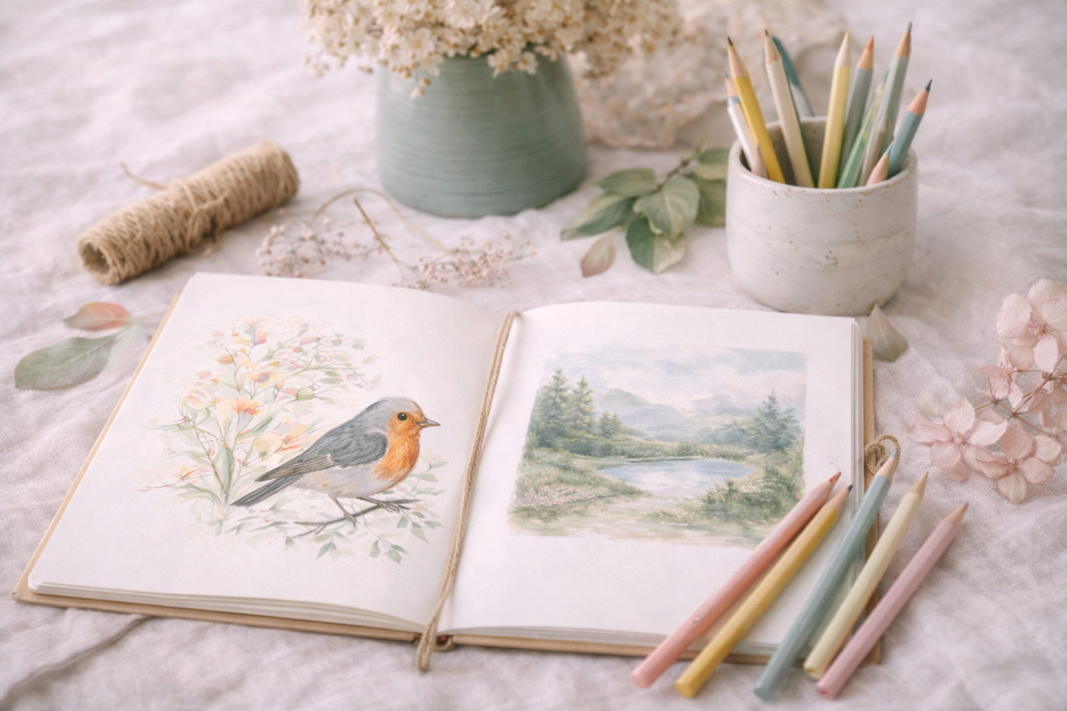 Open watercolor sketchbook with a painting of a bird on the left page and a landscape with trees and a river on the right page, surrounded by pastel-colored pencils, a vase with flowers, and decorative leaves on a light-colored fabric surface.