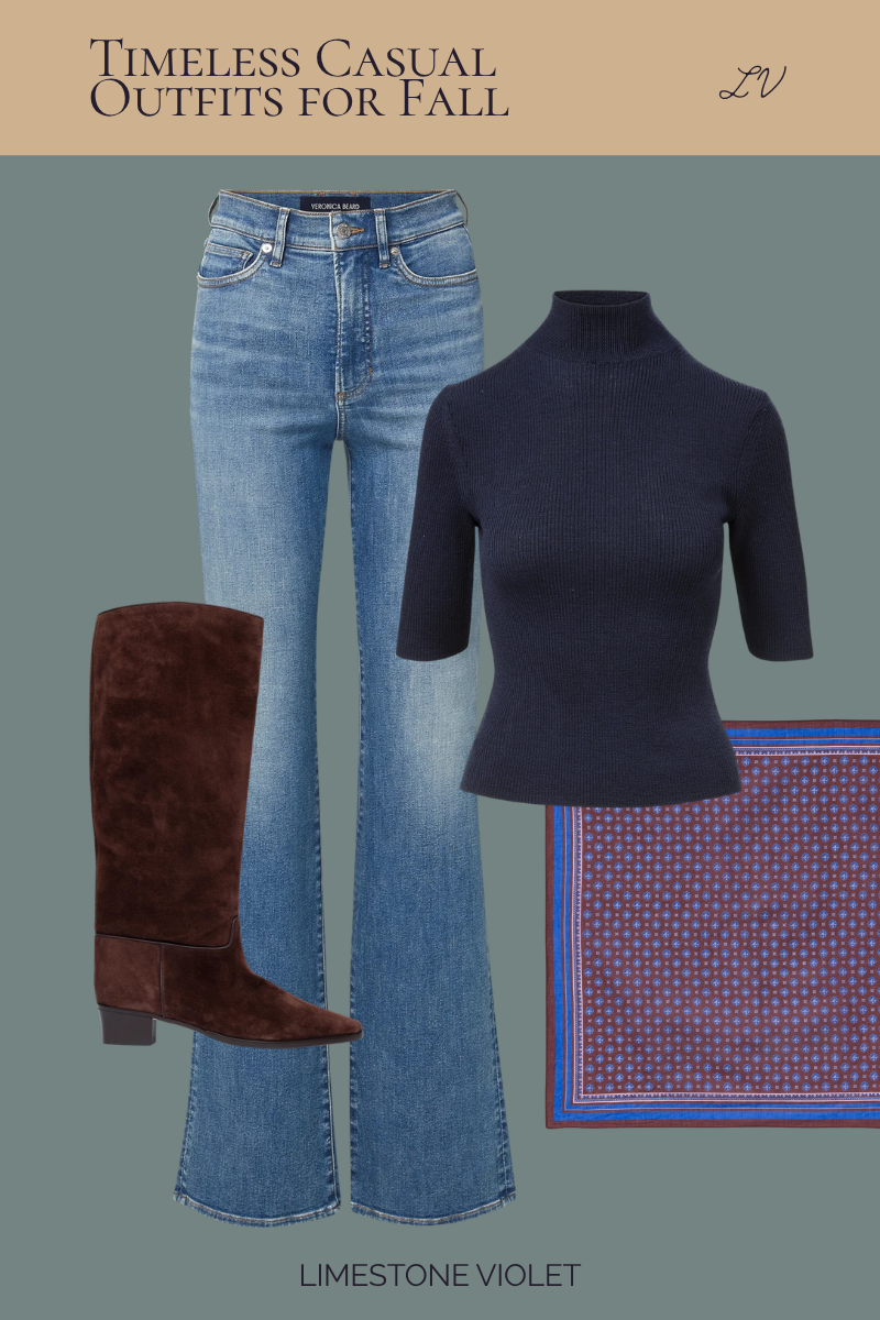 A timeless casual fall outfit collage built from these fall wardrobe essentials for women: a Veronica Beard navy merino wool pullover, a DÔEN organic cotton bandana, DÔEN brown suede boots, and Veronica Beard jeans.
