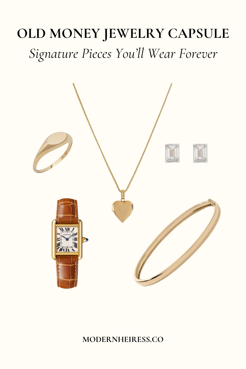 Collage of old money jewelry essentials.