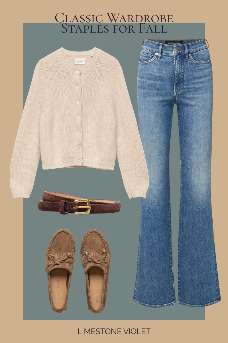 Collage of classic wardrobe staples for fall, including a DÔEN merino wool cardigan, Veronica Beard jeans, suede fringe loafers, and a brown suede belt.