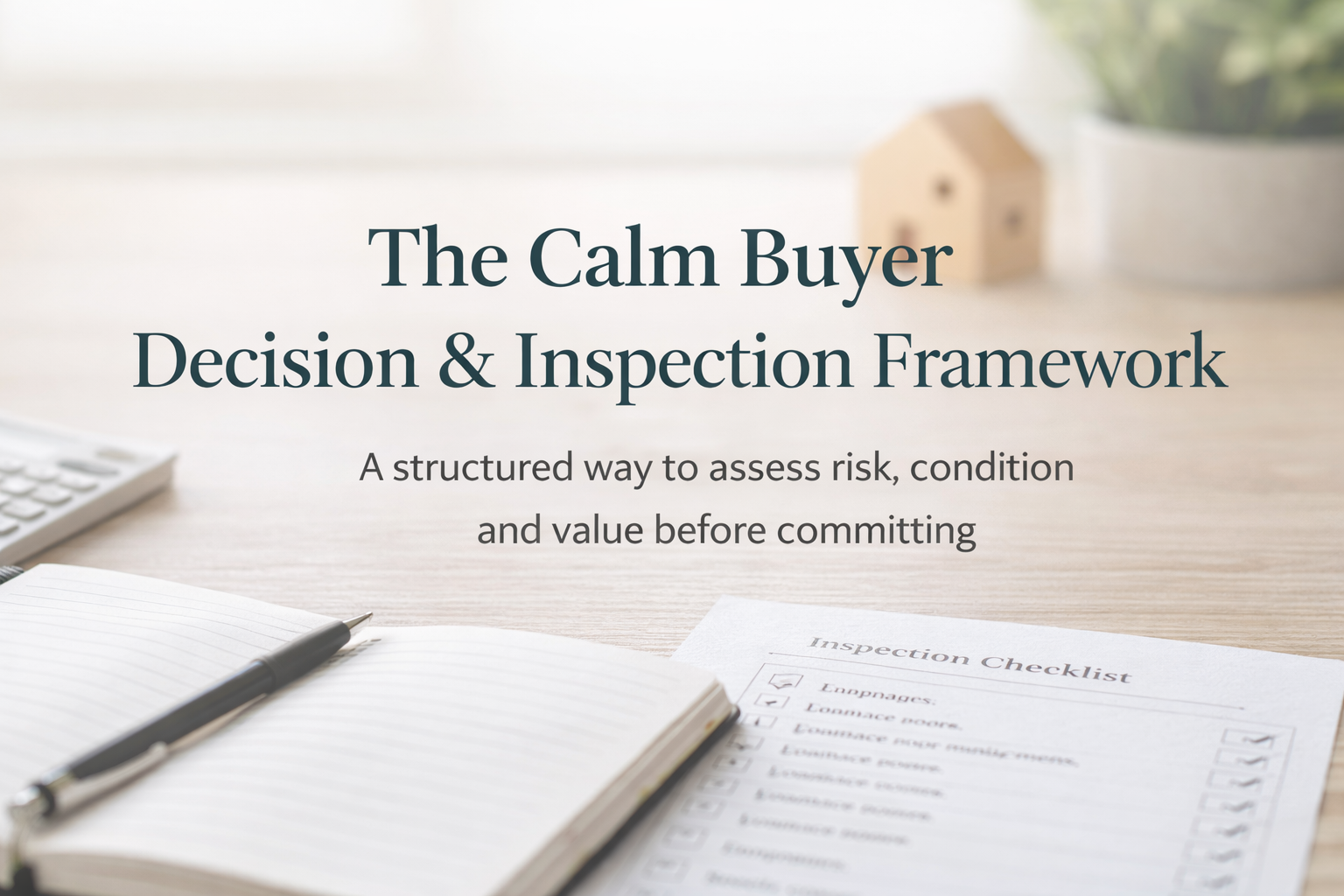 A presentation slide titled 'The Calm Buyer Decision & Inspection Framework' with a subtitle 'A structured way to assess risk, condition and value before committing'. The background shows a desk with an open notebook, a pen, a paper with an inspection checklist, part of a calculator, and a small house model, in a well-lit workspace.